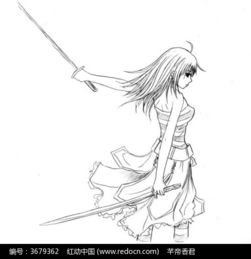 剑和女孩卡通手绘线稿图片免费下载红动网