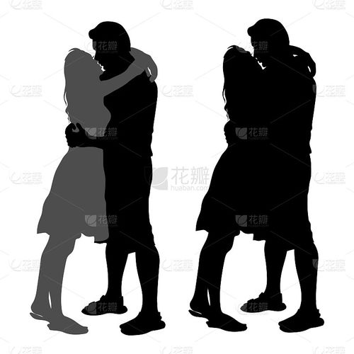  矢量剪影一对相爱的夫妇,一个男孩和一个女孩拥抱在一起,亲吻一个男人和一个女人孤立在白色的背景,两种选男人