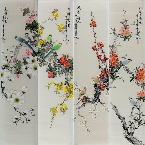  国画工笔手绘花鸟画四尺条屏名家手绘真迹工笔花鸟常华真迹挂画