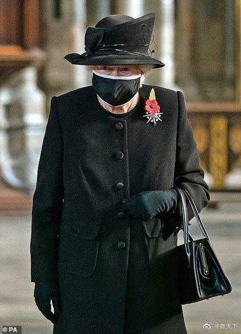  英女王首戴口罩在公开场合露面出席纪念阵亡无名战士仪式