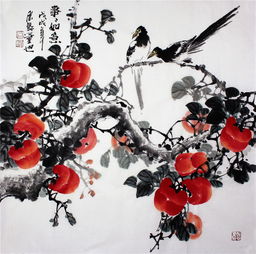  石云轩国画写意花鸟画四尺斗方事事如意柿子喜鹊129