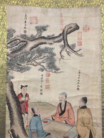  旧字画刘松年四尺中堂画人物画手绘松下对弈图手卷画
