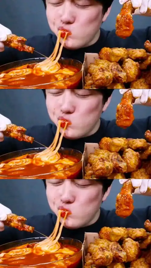  韩国美男用销魂的表情吃炸鸡,芝士吃出长寿面感觉吃播美食咀嚼音