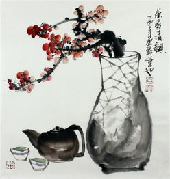  石云轩国画写意花鸟画三尺斗方茶香清韵红梅茶壶1119