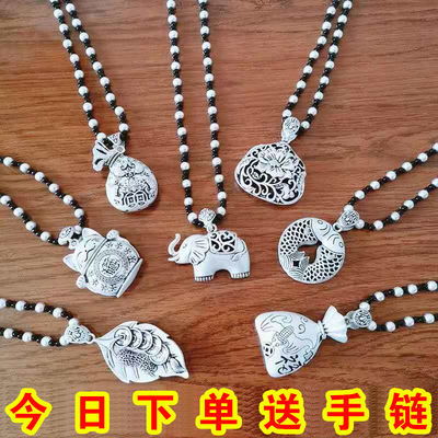  简约复古长款毛衣链项链仿泰银吊坠挂件招财钱袋转运珠配饰项链女