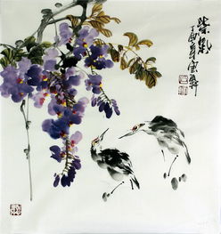  石云轩国画写意花鸟画三尺斗方紫气紫藤鸟1227