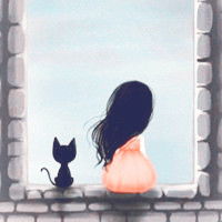 女生头像背影旁边坐着猫咪卡通