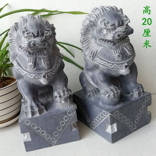  石雕小石狮子一对看门镇宅家用招财天然青石开光风水摆件家居饰品